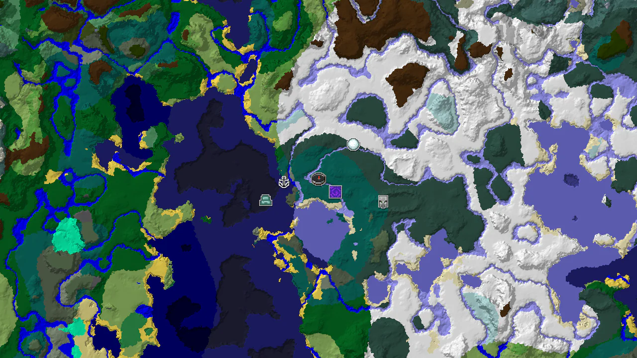 A top-down 2D biome map centered on spawn, showing a Taiga biome, a spawn marker, and markers for a Ruined Portal and Shipwreck.