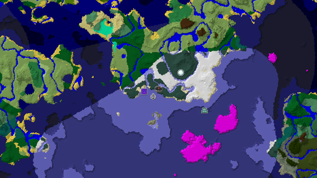 A 2D biome map centered on spawn, showing a large snowy area with a shipwreck, ruined portal, and igloo marked.
