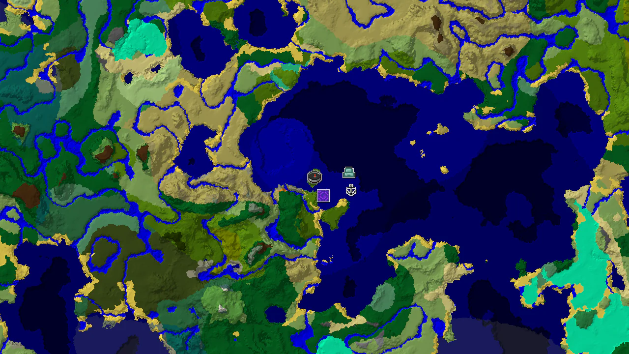 A 2D biome map centered on spawn, showing a sparse jungle at the center, surrounded by various ocean biomes, with markers for a Ruined Portal, Shipwreck, and Ocean Monument.