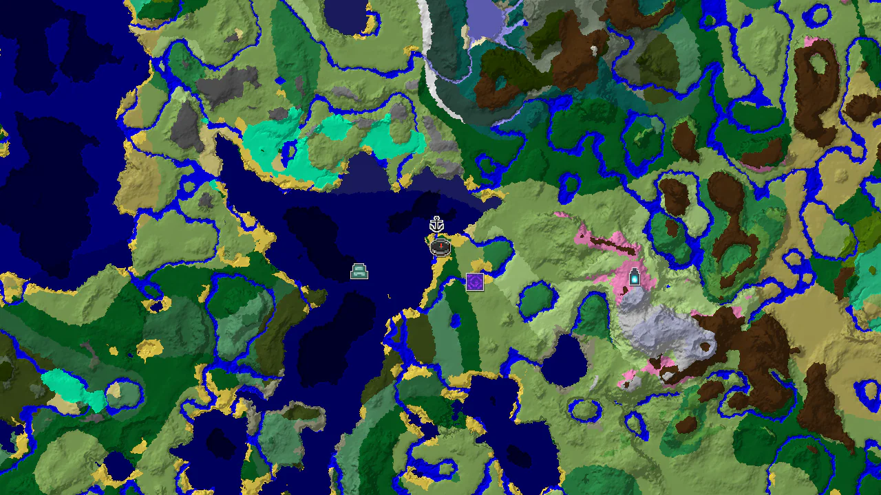A 2D biome map centered on the spawn point, marked with structures including a shipwreck and ruined portal.