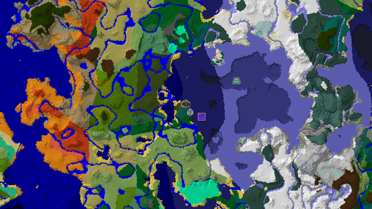 A 2D biome map centered on the spawn point, showing taiga, cold ocean, and frozen ocean biomes, with markers for a shipwreck and an ocean monument.
