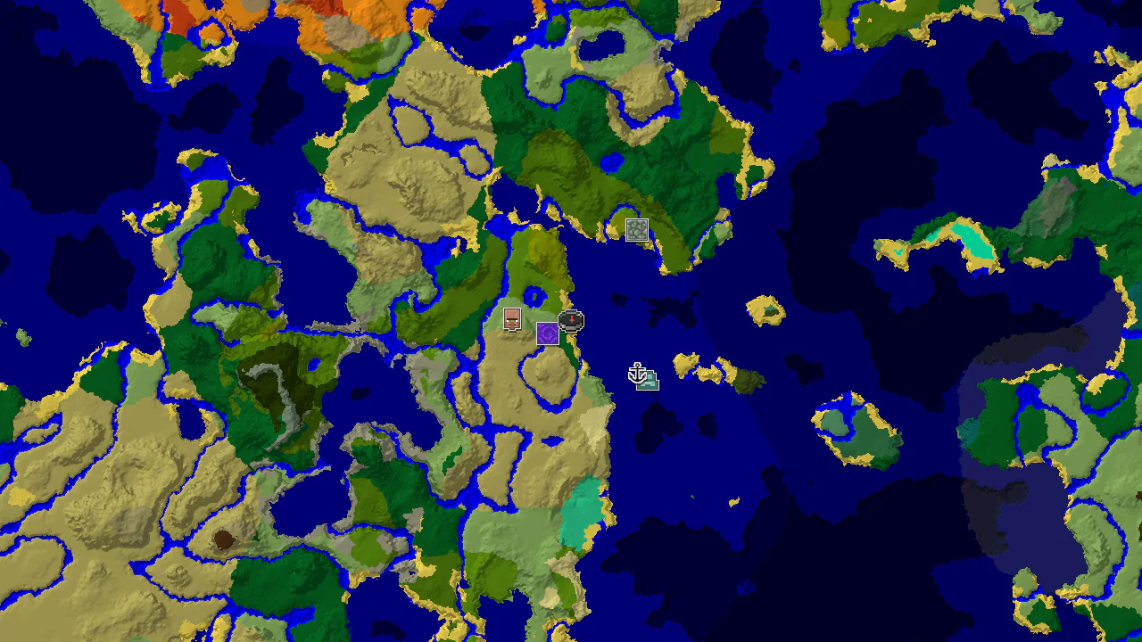 A 2D biome map centered on the spawn point, with markers for a Ruined Portal and other structures.