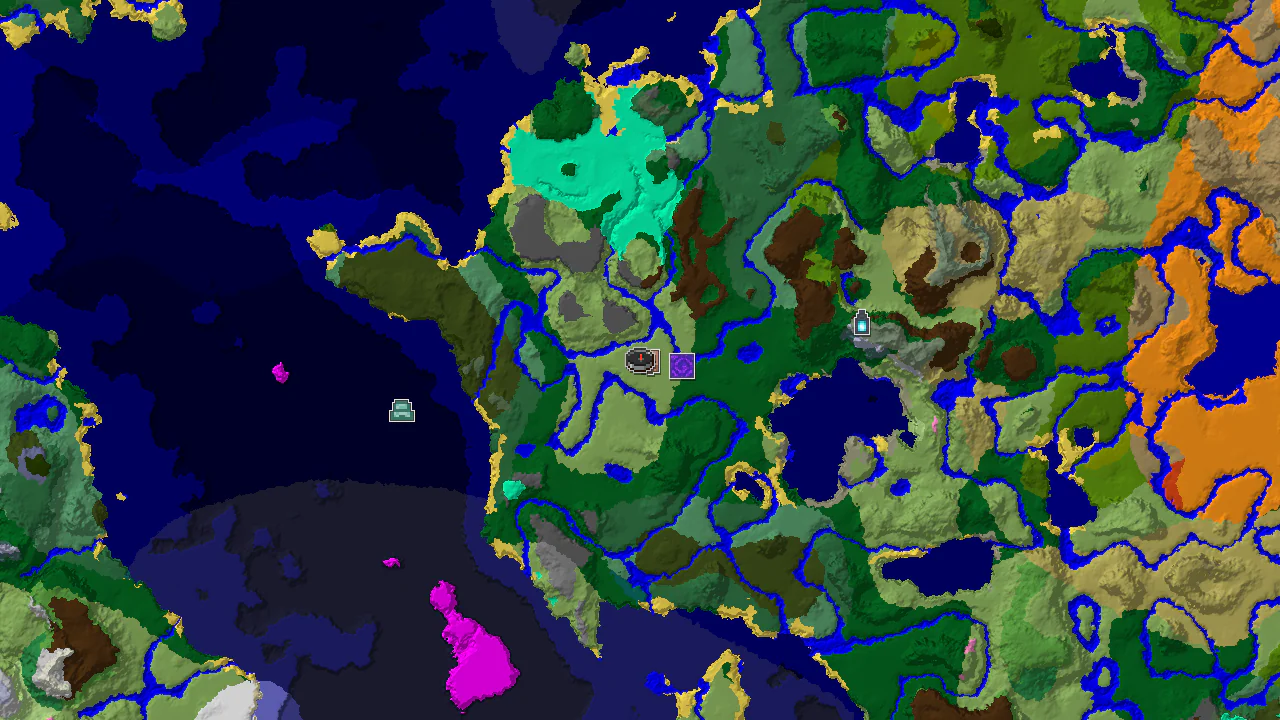 Top-down 2D biome map centered on spawn, showing a village marker to the east and a ruined portal marker to the northeast.