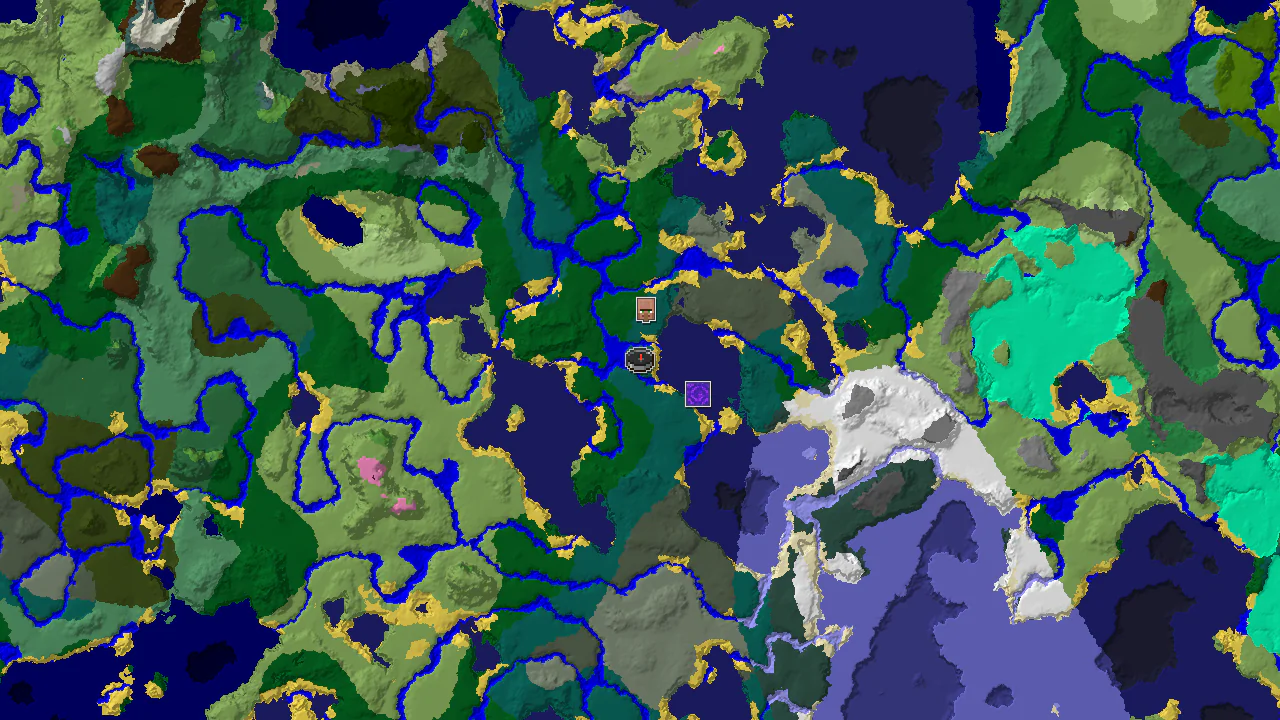 A top-down 2D biome map centered on the spawn point, marked with a player icon, showing nearby structures like a village and a ruined portal.