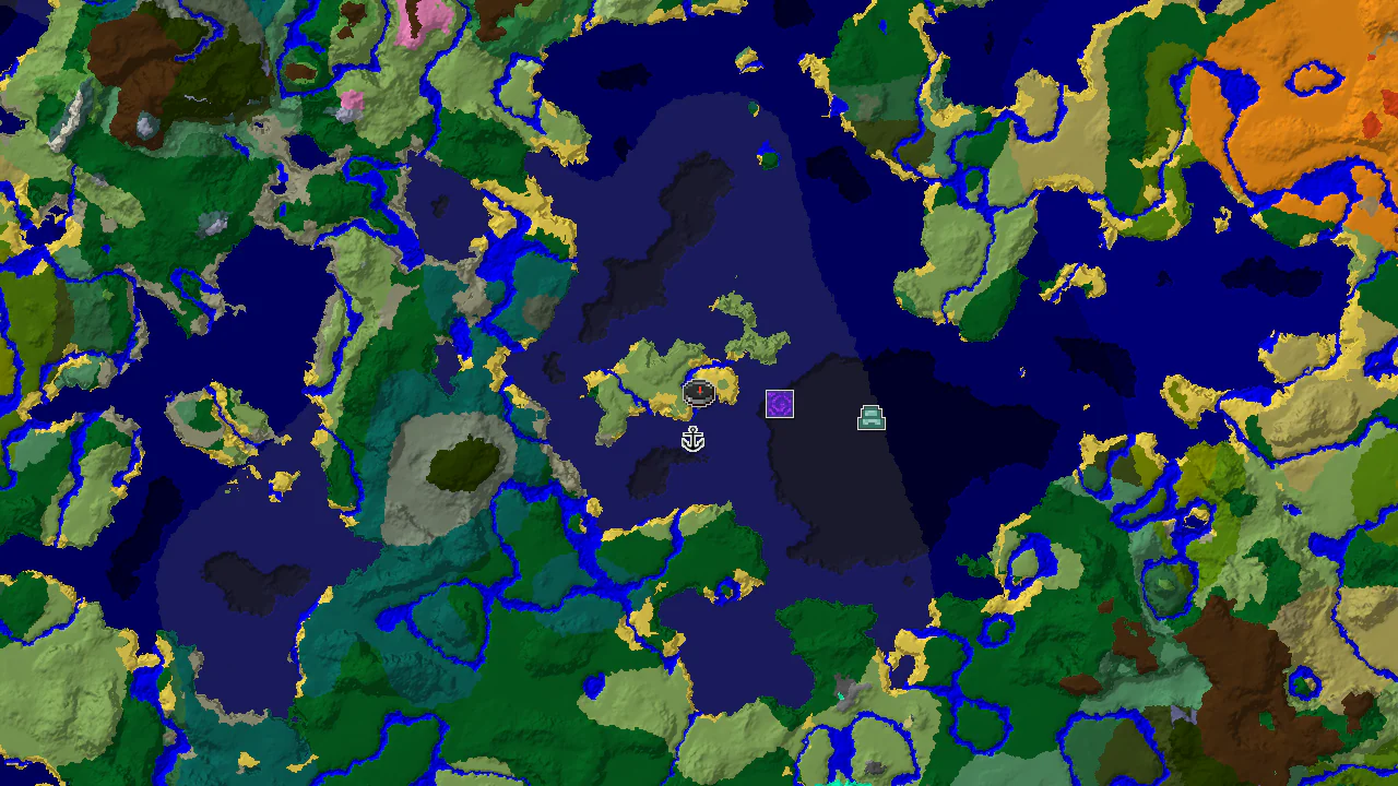 A 2D biome map centered on spawn, showing a Plains spawn area with markers for a shipwreck and an ocean monument.