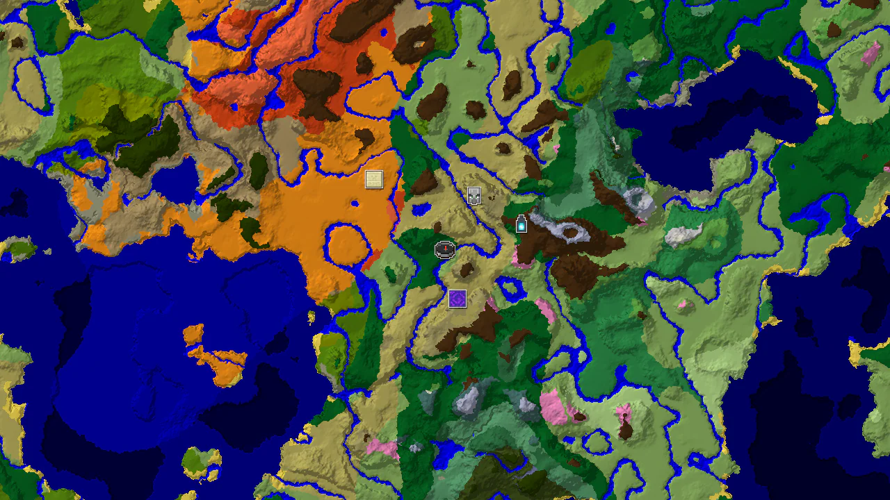 A 2D biome map centered on spawn, showing a nearby ruined portal to the east and an ancient city to the southwest.