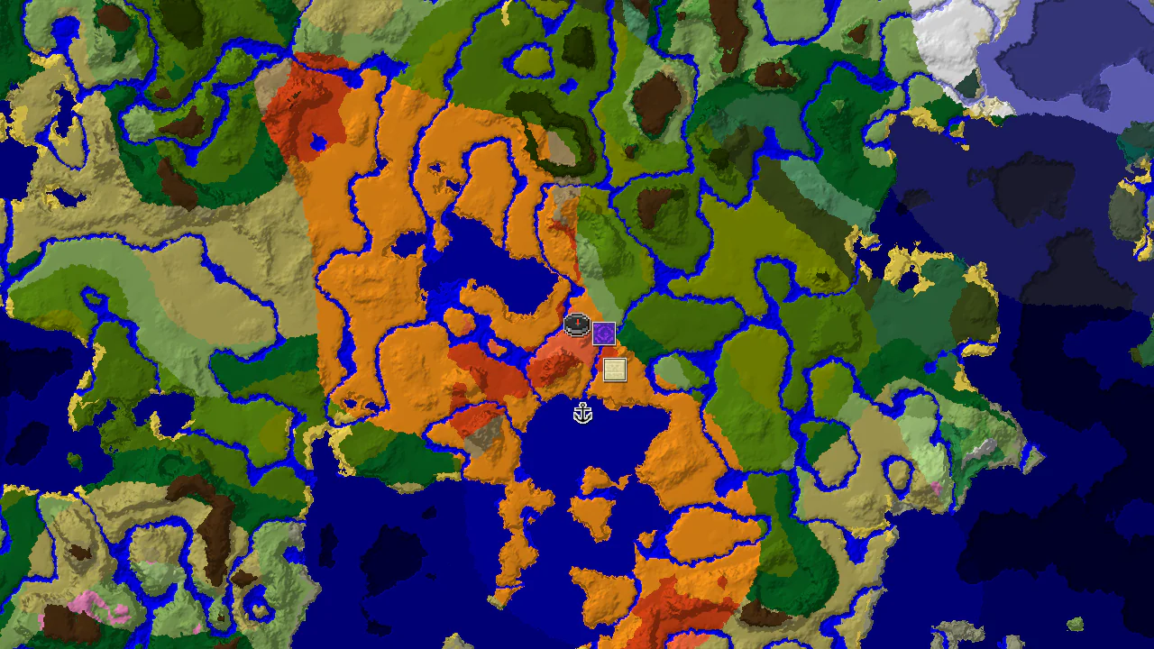 A 2D top-down biome map centered on spawn, showing Eroded Badlands, Desert, and River biomes, with markers for a Ruined Portal and Desert Pyramid.