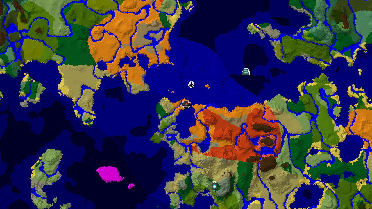 A 2D map of seed 1234989113440055816, centered on a desert spawn, showing biomes and structure markers.