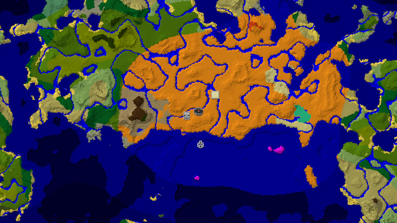 A 2D top-down biome map centered on spawn, showing a large desert with scattered ocean and badlands patches, and markers for a Pillager Outpost and a Desert Pyramid.