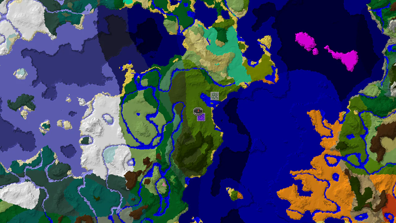 A 2D biome map centered on spawn, showing a large jungle and nearby ocean, with markers for a ruined portal and jungle temple.