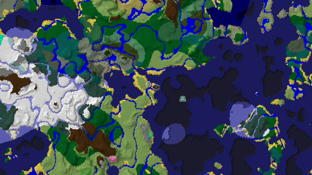 A top-down 2D biome map centered on the spawn point, showing Plains, Cold Ocean, and Beach biomes, along with markers for a shipwreck and an ocean monument.