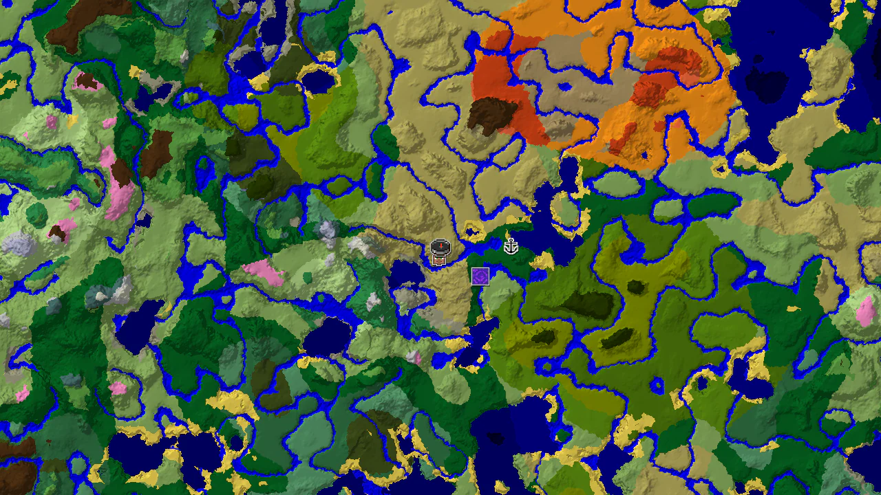 A 2D top-down biome map centered on spawn, showing a savanna biome with a village marker to the north.