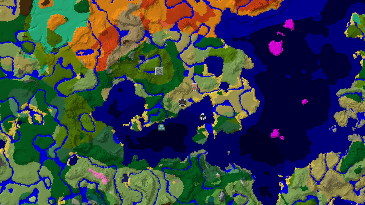 A 2D biome map centered on the spawn point, showing savanna, plains, and ocean biomes with markers for a nearby village and shipwreck.