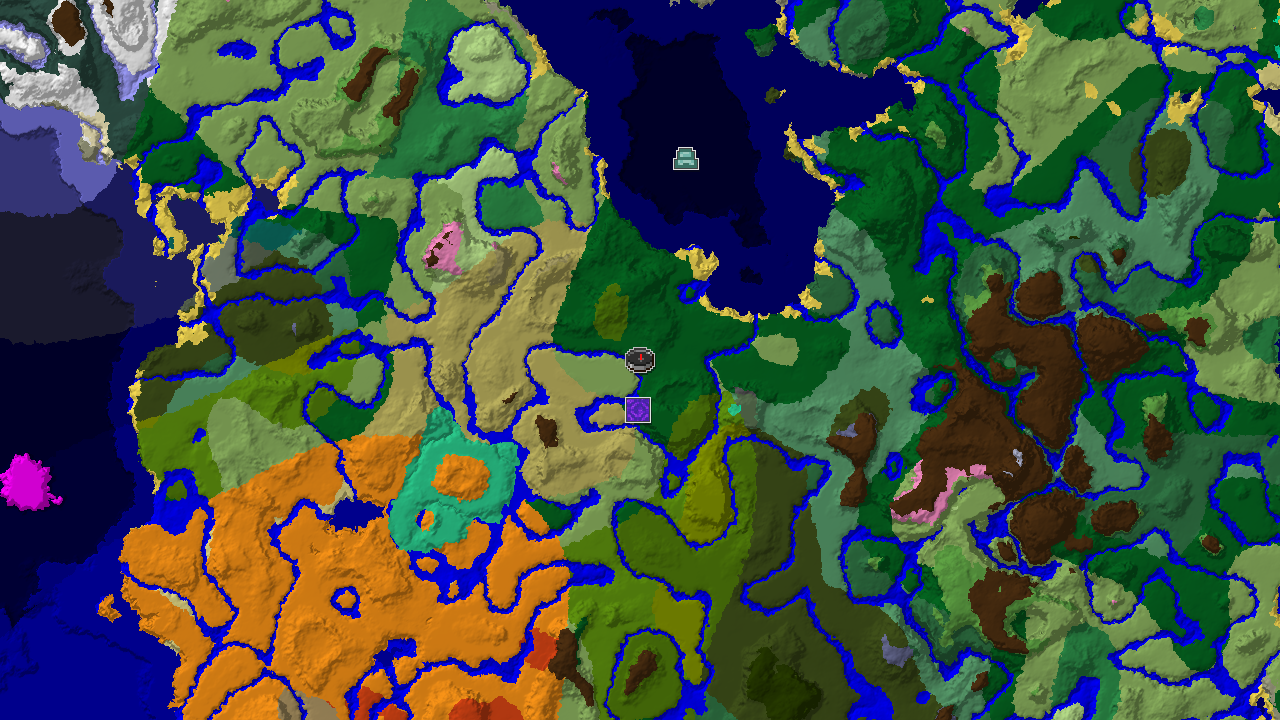 A top-down 2D biome map centered on the spawn point, marked, with a nearby Ruined Portal and a distant Ocean Monument highlighted.