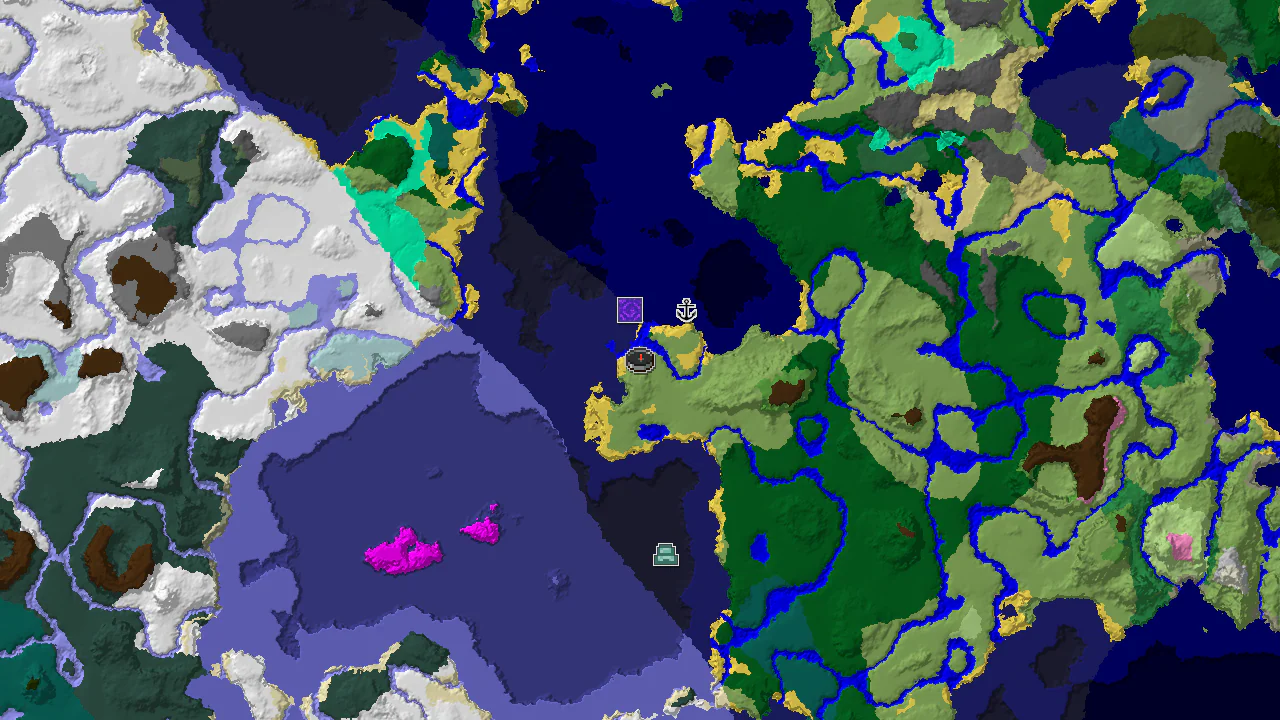 A 2D biome map centered on spawn, showing plains, ocean, and forest biomes, with markers for a ruined portal, shipwreck, and ocean monument.