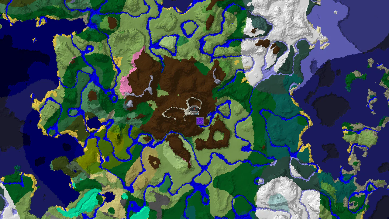 A top-down 2D biome map centered on spawn, showing snowy slopes and a nearby ancient city marker.