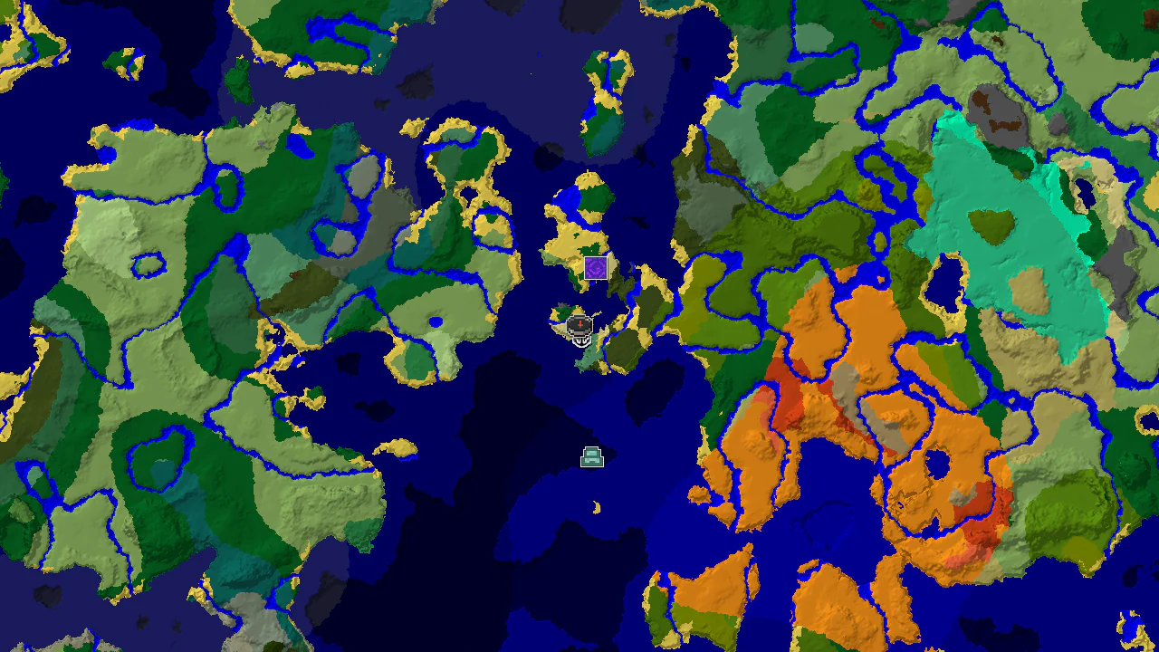 A 2D biome map centered on spawn, showing a Windswept Savanna spawn, a nearby shipwreck, and an ocean monument to the northeast.