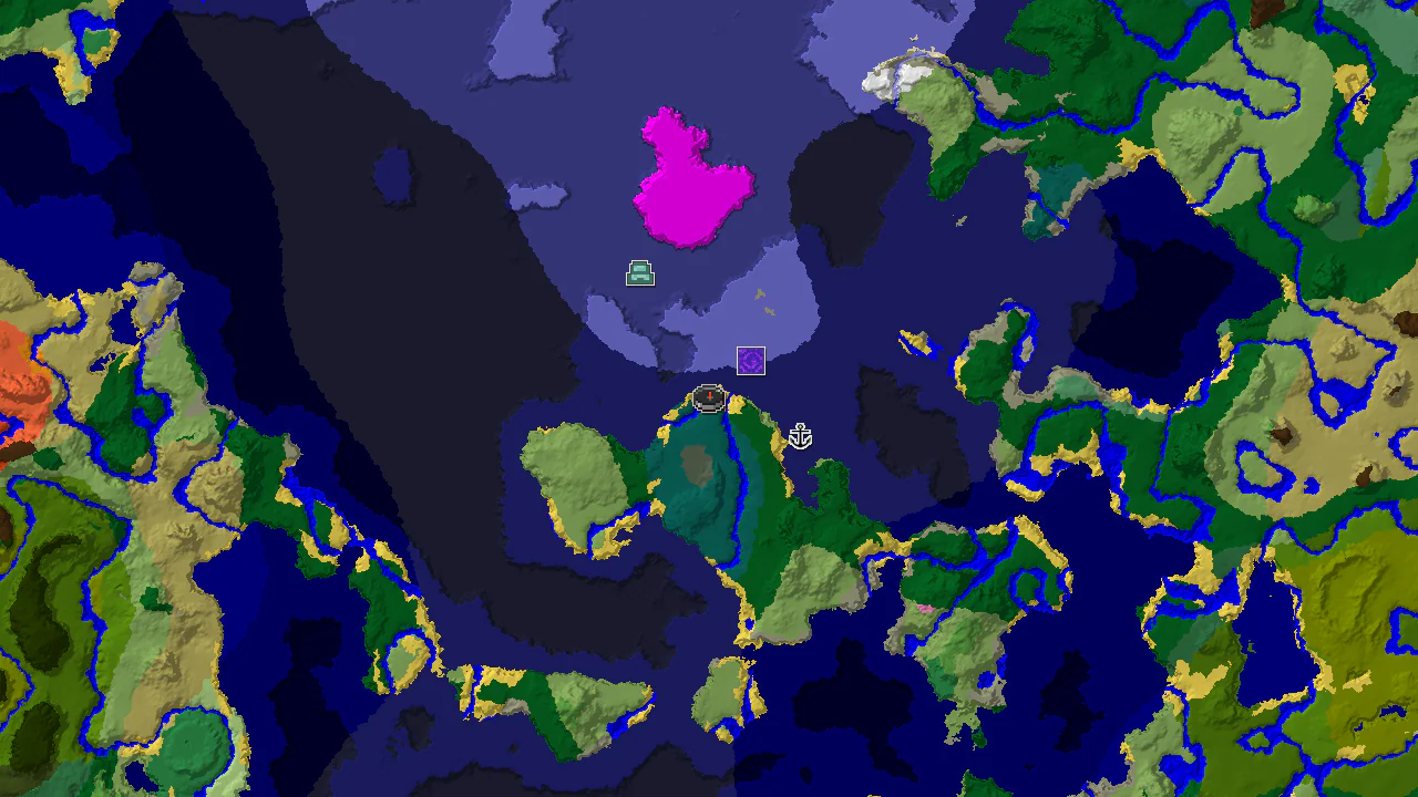 A top-down 2D biome map centered on spawn, showing cold ocean and taiga biomes with markers for a Ruined Portal and an Ocean Monument.