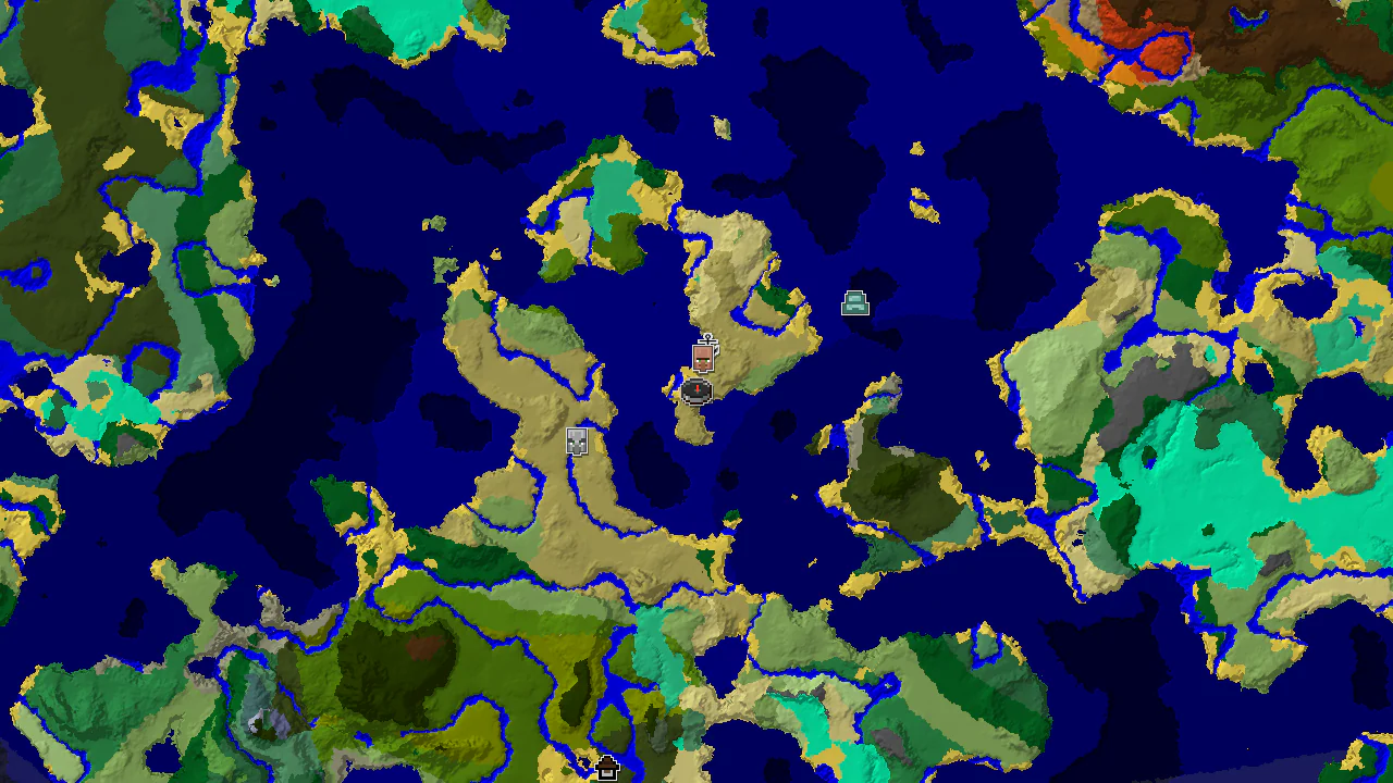 A 2D top-down biome map centered on spawn, showing savanna, ocean, and plains, with markers for a village and shipwreck.