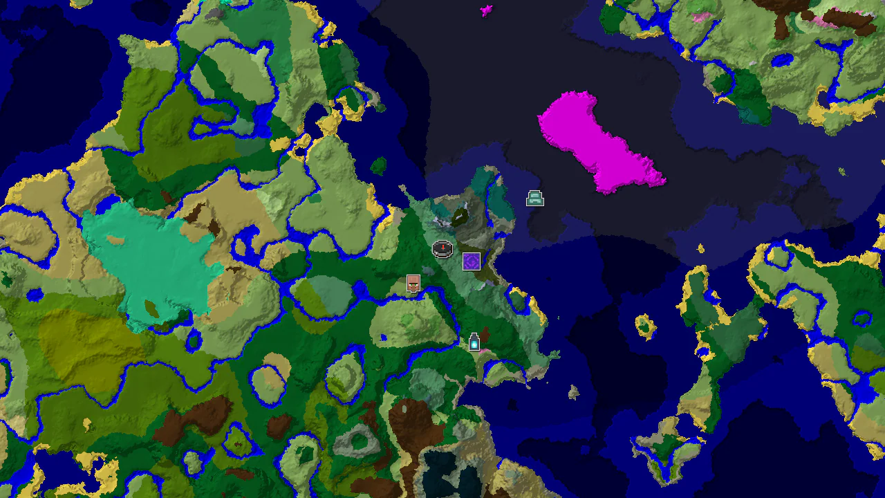 A 2D map of the overworld, centered on the spawn point in an Old Growth Birch Forest, showing nearby biomes and markers for structures like a village and a ruined portal.