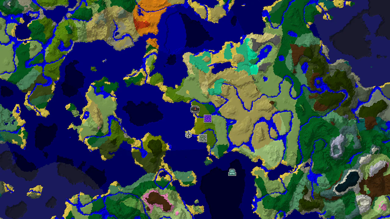 A top-down 2D biome map centered on spawn, showing a Beach spawn point and markers for a Ruined Portal, Shipwreck, and Jungle Temple.