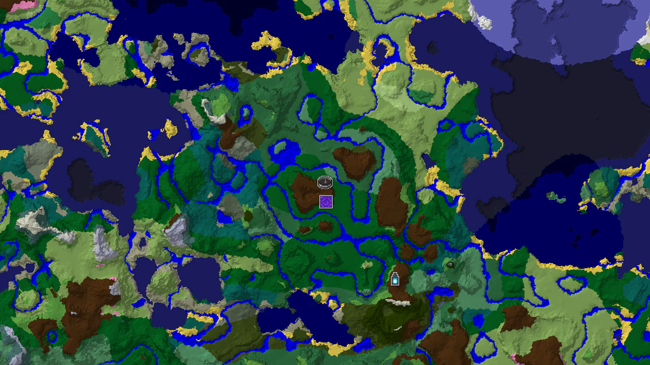 A 2D top-down biome map centered on spawn, showing forest, birch forest, and river biomes, with markers for a Ruined Portal and an Ancient City.