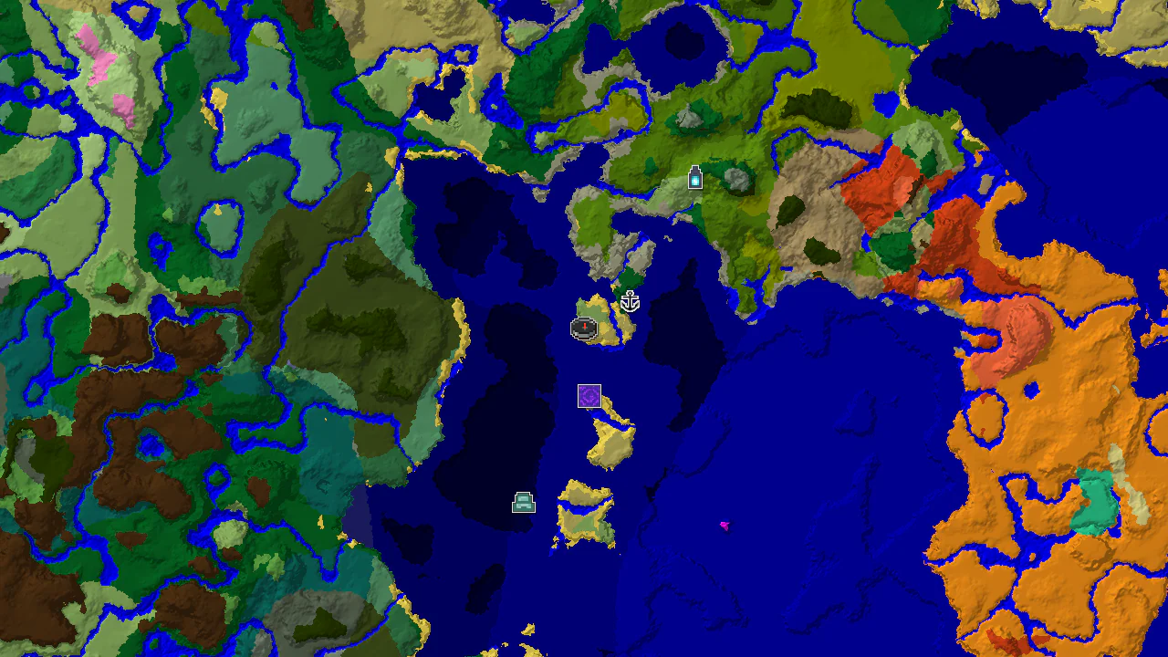 A 2D biome map centered on spawn, showing mostly ocean biomes to the east and south, with markers for nearby structures including a shipwreck and ruined portal.