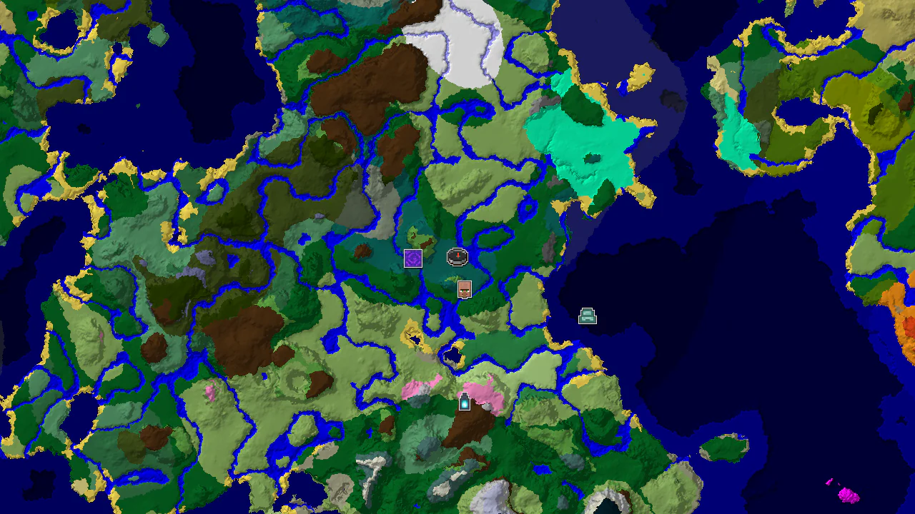 A 2D top-down biome map centered on the spawn point, showing taiga, river, meadow, and forest biomes, with markers for a nearby village and ruined portal.