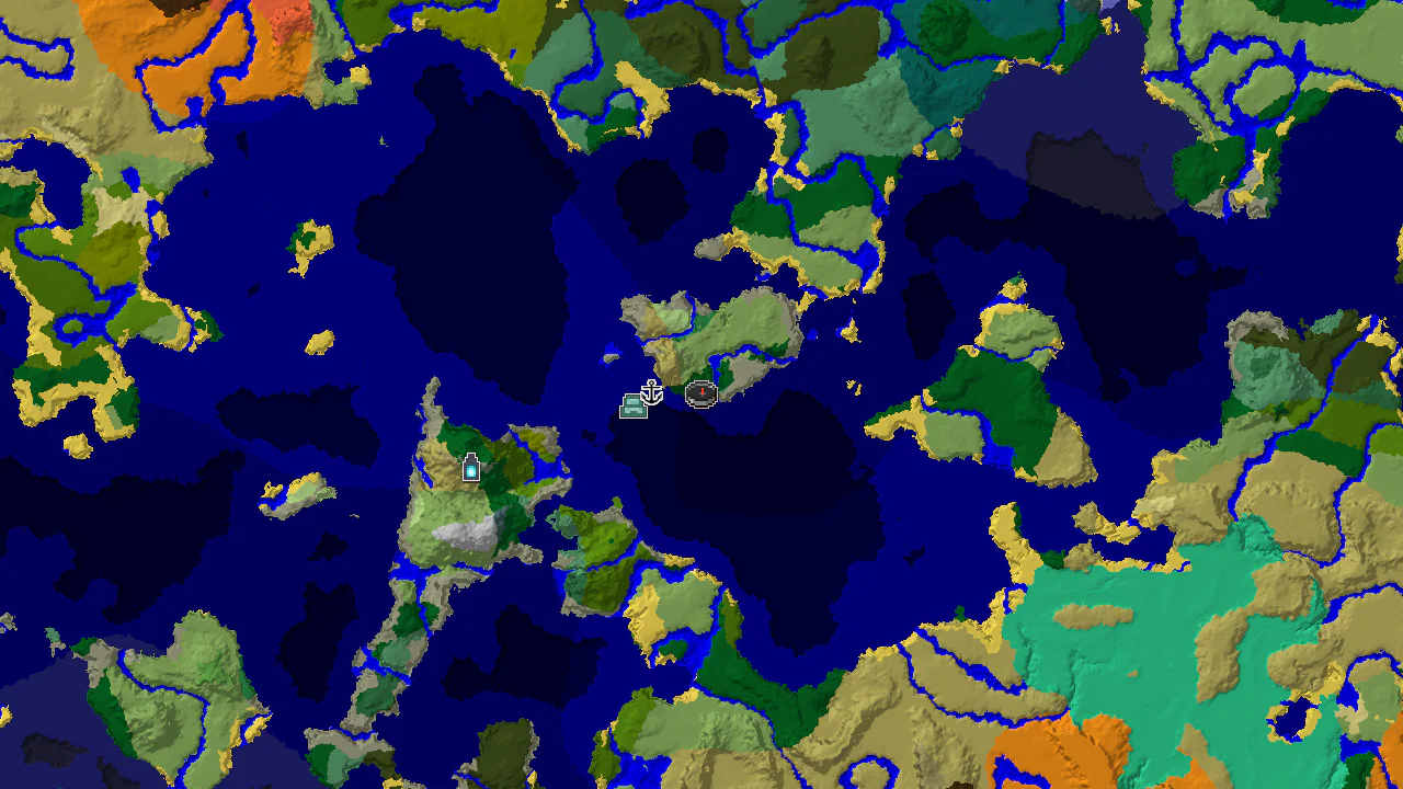 A 2D top-down biome map centered on the spawn point, marked with structure icons for a shipwreck, ocean monument, and an ancient city.