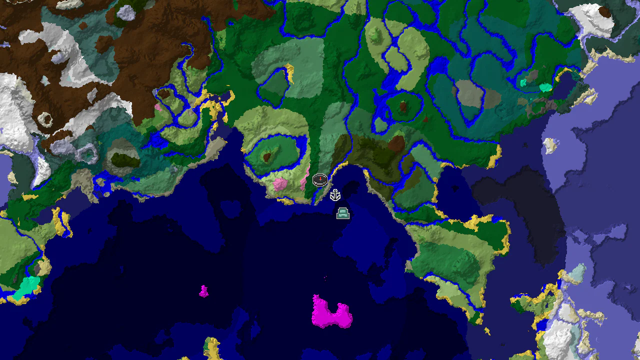A 2D top-down biome map centered on the spawn point, showing nearby biomes and structure markers.