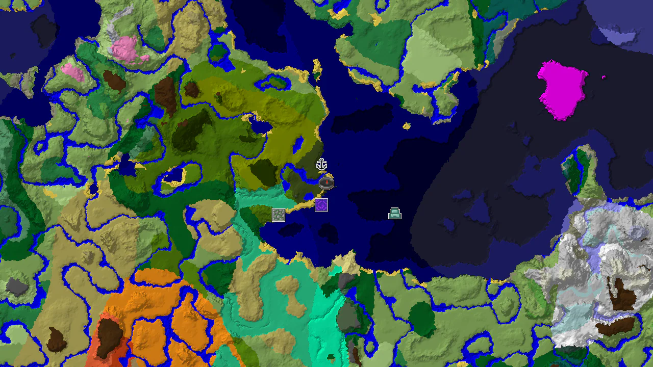 A top-down 2D biome map centered on spawn, showing a dark forest with nearby ocean, river, and jungle biomes, marked with structure locations.
