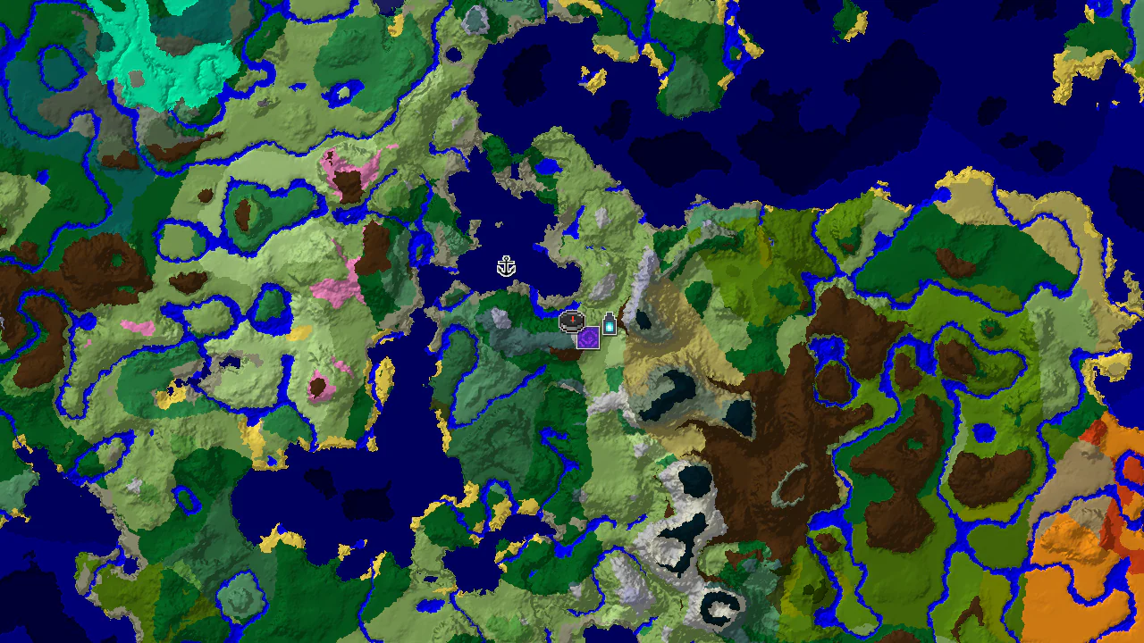 A top-down 2D biome map centered on spawn, showing plains, forest, and ocean, with markers for a ruined portal, shipwreck, and ancient city.