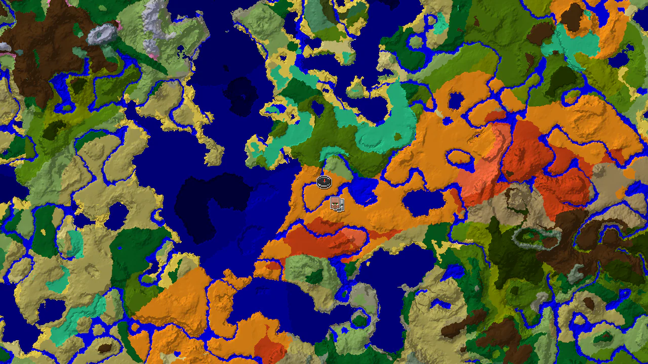 A top-down 2D biome map centered on spawn, showing a Desert spawn with markers for a Village and a Pillager Outpost nearby.