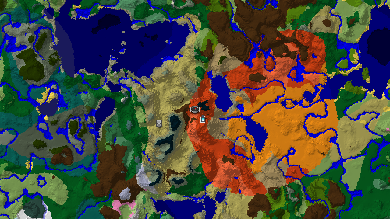 A 2D biome map centered on the spawn point, showing Badlands, Savanna, and Desert biomes, with markers for an Ancient City and Pillager Outpost.