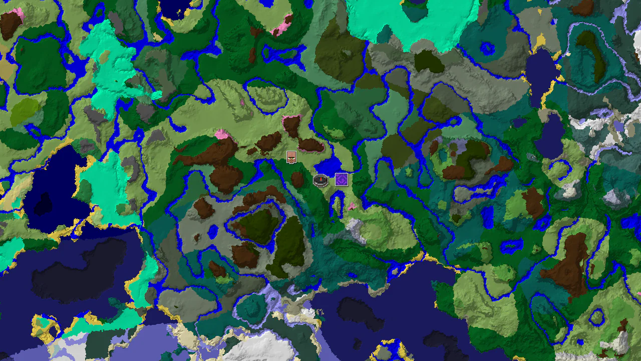 A 2D biome map centered on the spawn point, with markers for a Ruined Portal to the east and a Village to the southwest.
