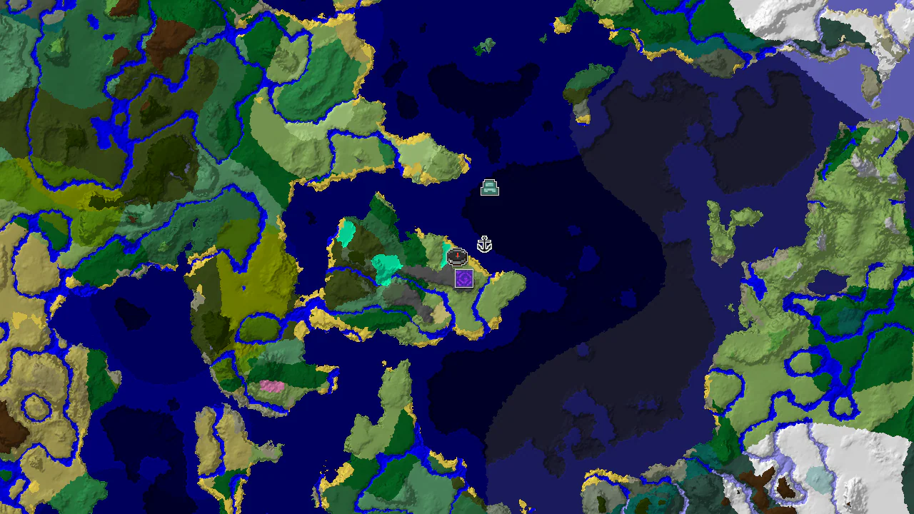 A 2D top-down biome map centered on the spawn point, showing Swamp, Ocean, and Plains biomes, with markers for a Ruined Portal and a Shipwreck.