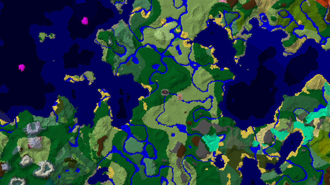 A top-down 2D biome map centered on spawn, showing a nearby village and surrounding forest, river, and plains biomes.