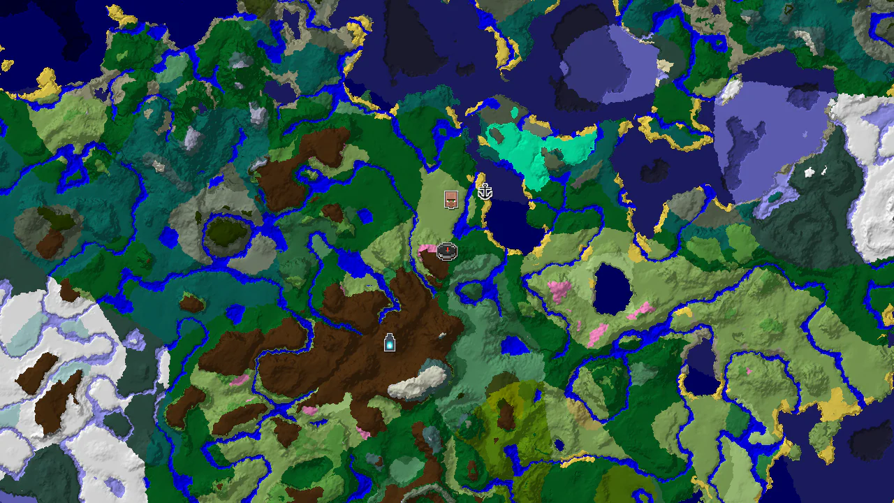 A 2D biome map centered on the spawn point, showing nearby forests, plains, and a village marker to the north.