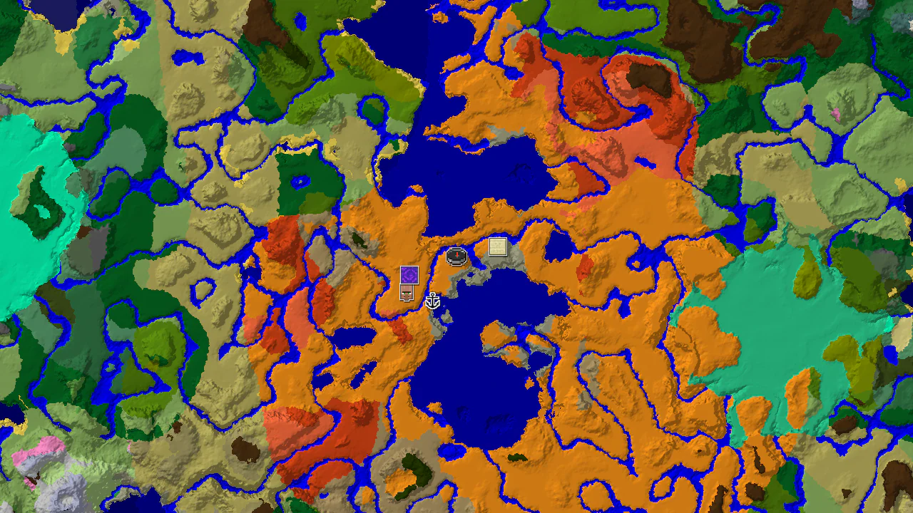 A top-down 2D biome map centered on spawn, showing desert, river, and warm ocean biomes with markers for a desert pyramid and shipwreck.