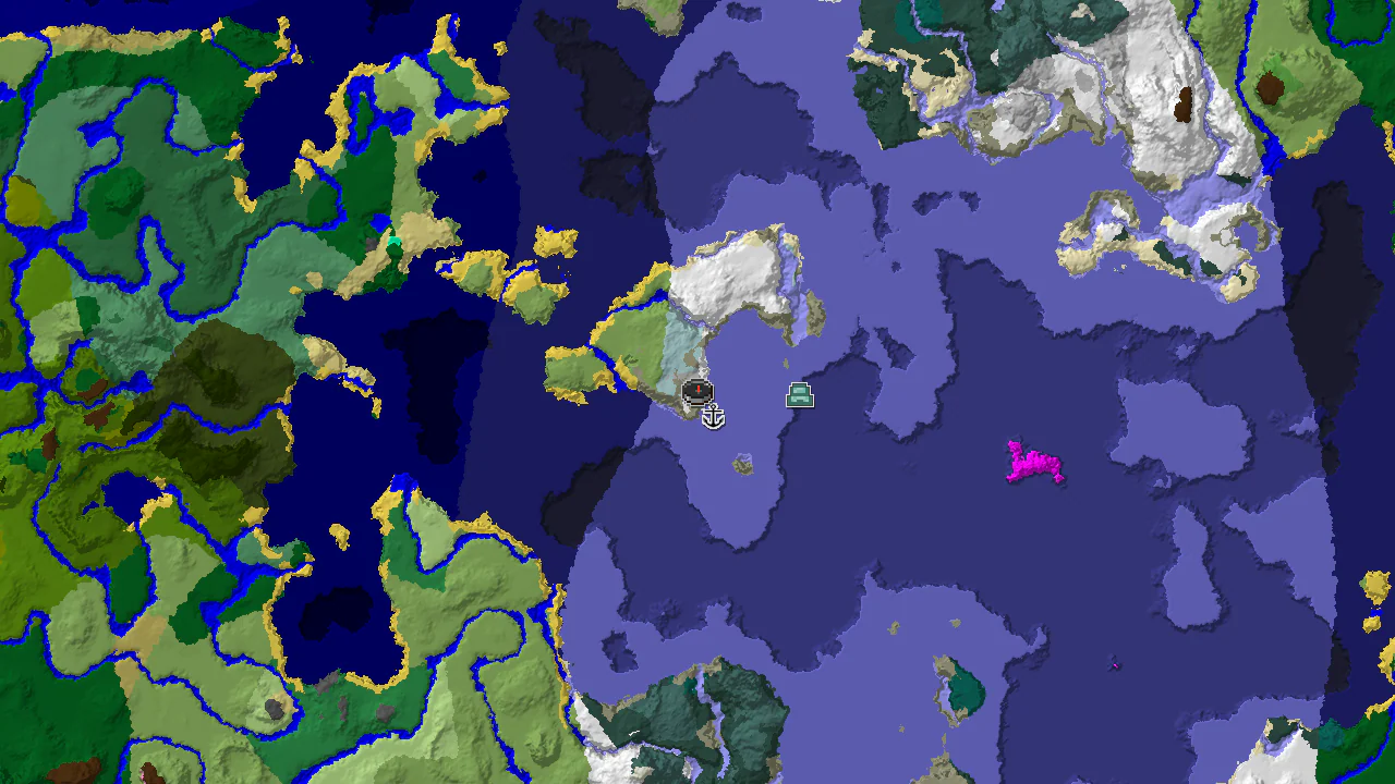 A 2D top-down biome map centered on spawn, showing mostly Frozen Ocean, Deep Frozen Ocean, and a patch of Ice Spikes nearby.