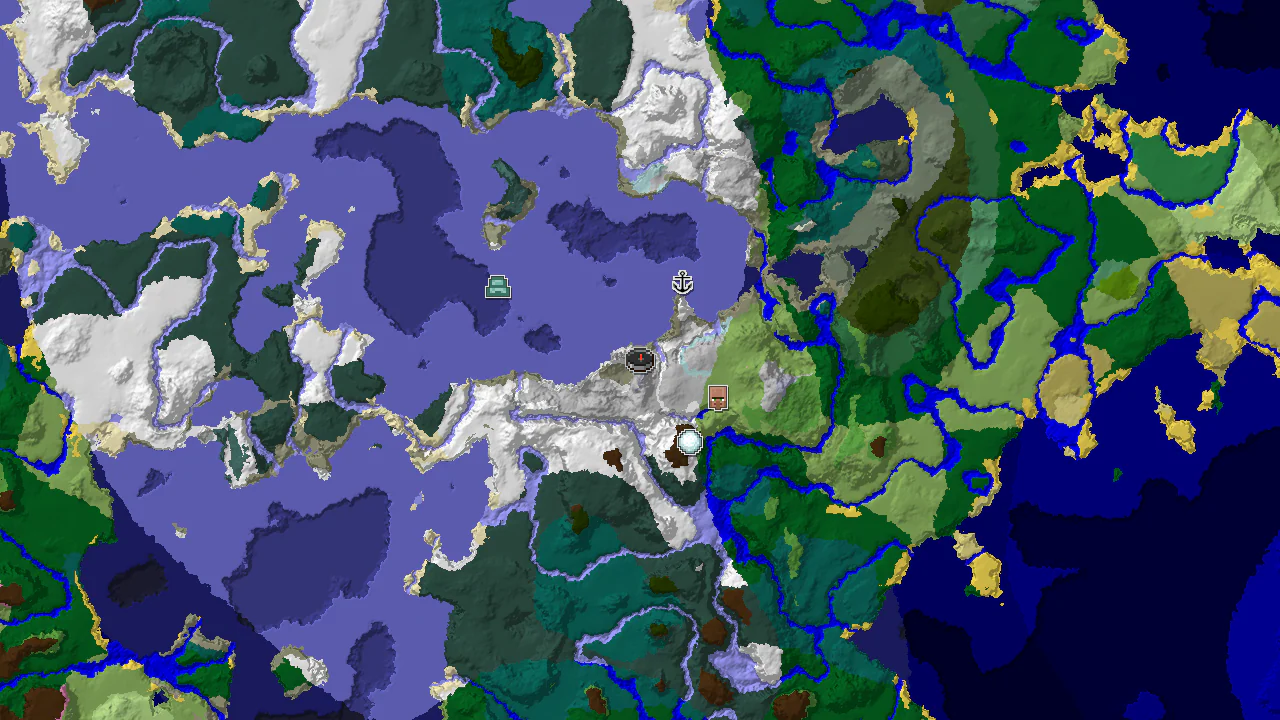 A top-down 2D biome map centered on spawn, showing snowy biomes and markers for a village and shipwreck.