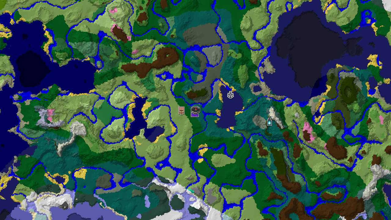 A 2D biome map centered on spawn, showing a taiga and forest landscape with markers for a village, ruined portal, and other structures.