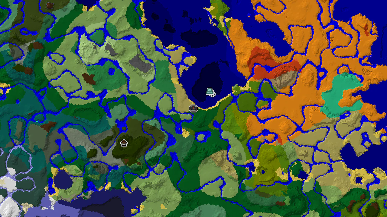 A 2D map of the seed, centered on spawn, showing a large savanna biome surrounded by forest, plains, and various ocean biomes. Markers indicate a shipwreck, ocean monument, and a distant woodland mansion.