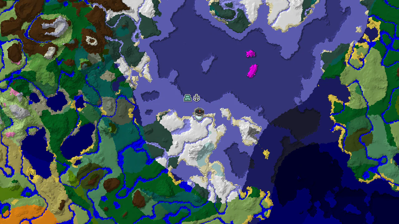 A 2D map centered on spawn shows icy biomes with markers for an Igloo, a Shipwreck, and an Ocean Monument.