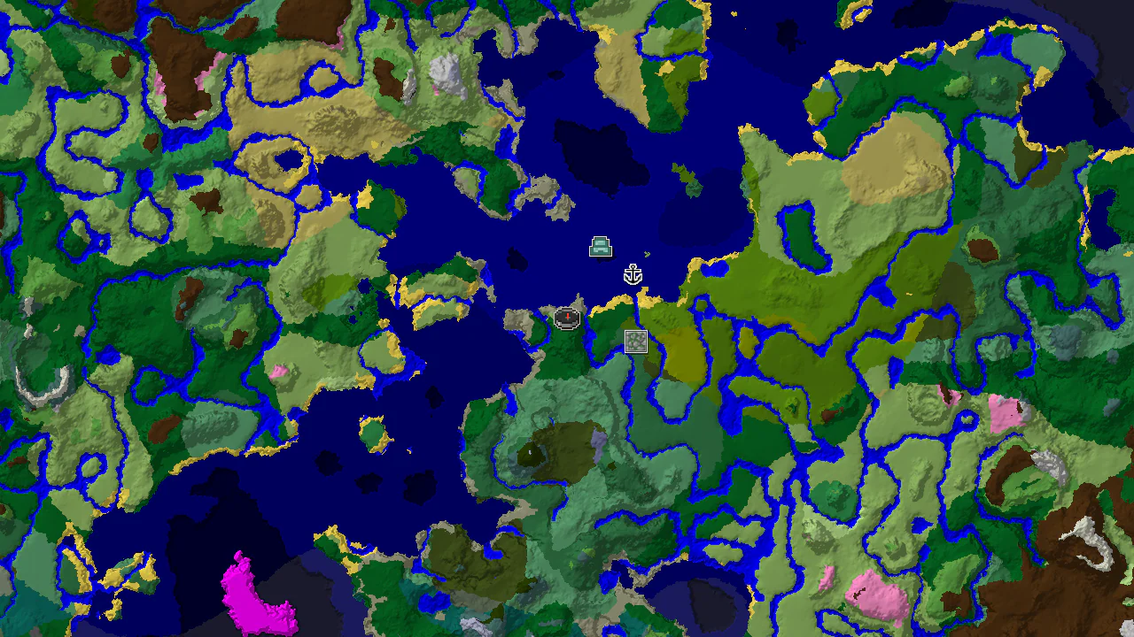 A 2D top-down biome map centered on the spawn point, with markers for a Jungle Temple and an Ocean Monument.