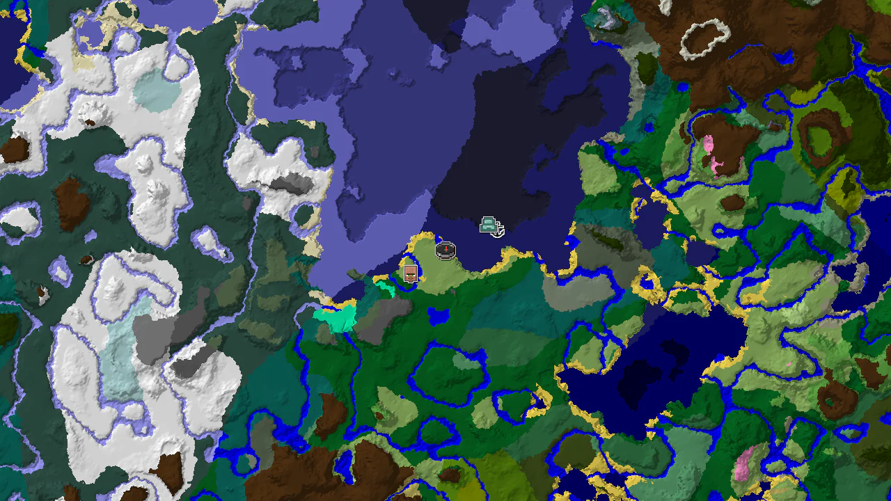 A 2D top-down biome map centered on spawn, showing plains, cold ocean, and forest biomes with markers for an ocean monument and village.
