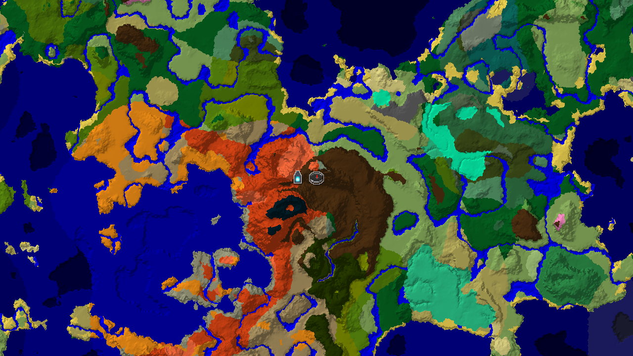 A top-down 2D biome map centered on spawn, showing badlands, forest, and plains biomes, with a marker for an Ancient City to the west.