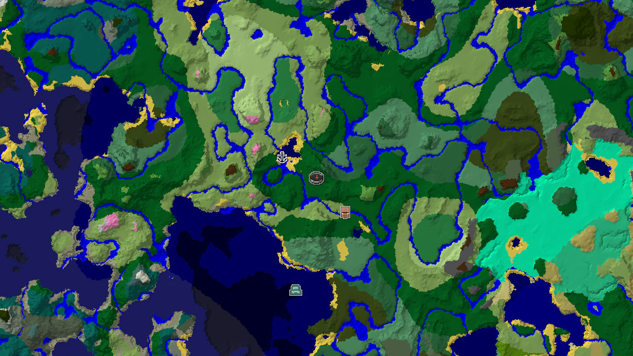 A 2D biome map centered on the spawn point, showing nearby forest, plains, river, and ocean biomes, with markers for a village and shipwreck.