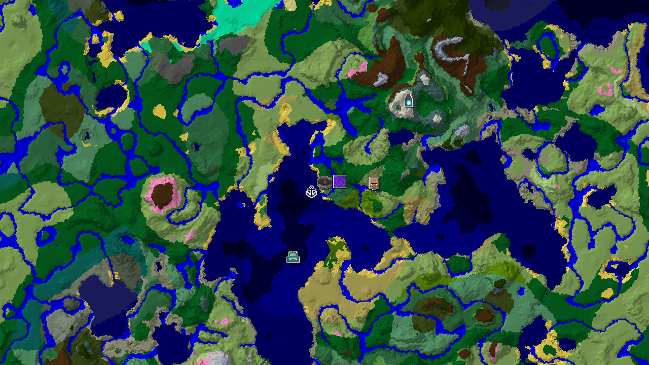 A 2D top-down biome map centered on spawn, showing forest, ocean, and river biomes, with markers for a ruined portal and shipwreck.