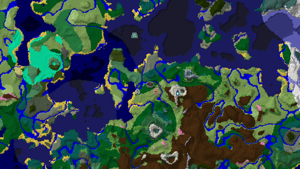 A 2D top-down biome map centered on spawn, showing forest, plains, and cold ocean, with markers for a village, shipwreck, and ancient city.
